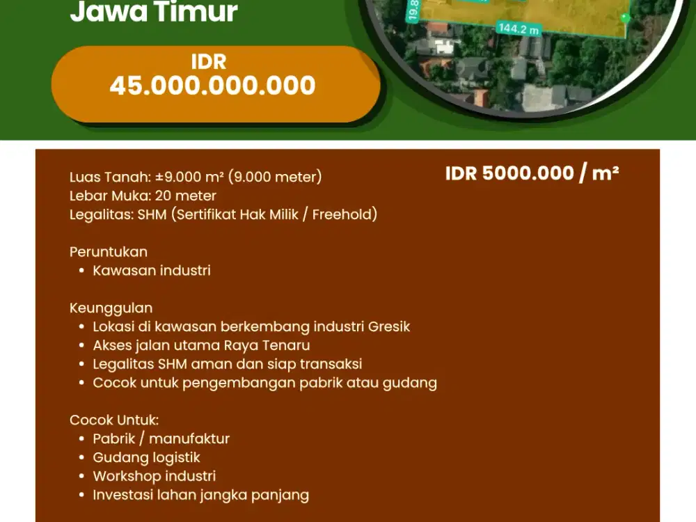 Dijual / For  Sale Tanah 9000 Meter Raya Tenaru  Gresik Jawa Timur