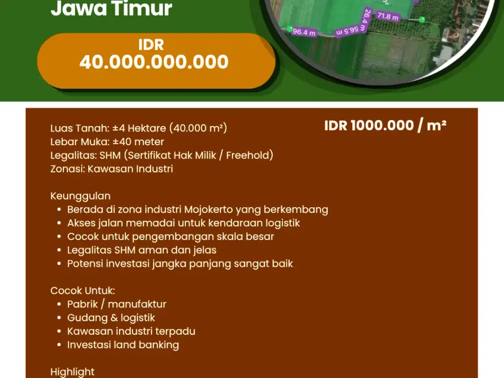 Dijual Tanah 4 Ha Lahan Pungging Mojokerto Jawa Timur