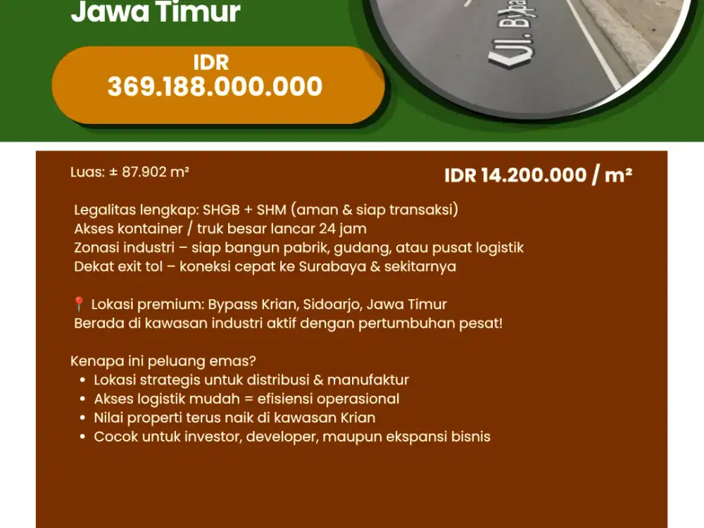 Dijual Tanah By pass Krian Sidoarjo Jawa Timur