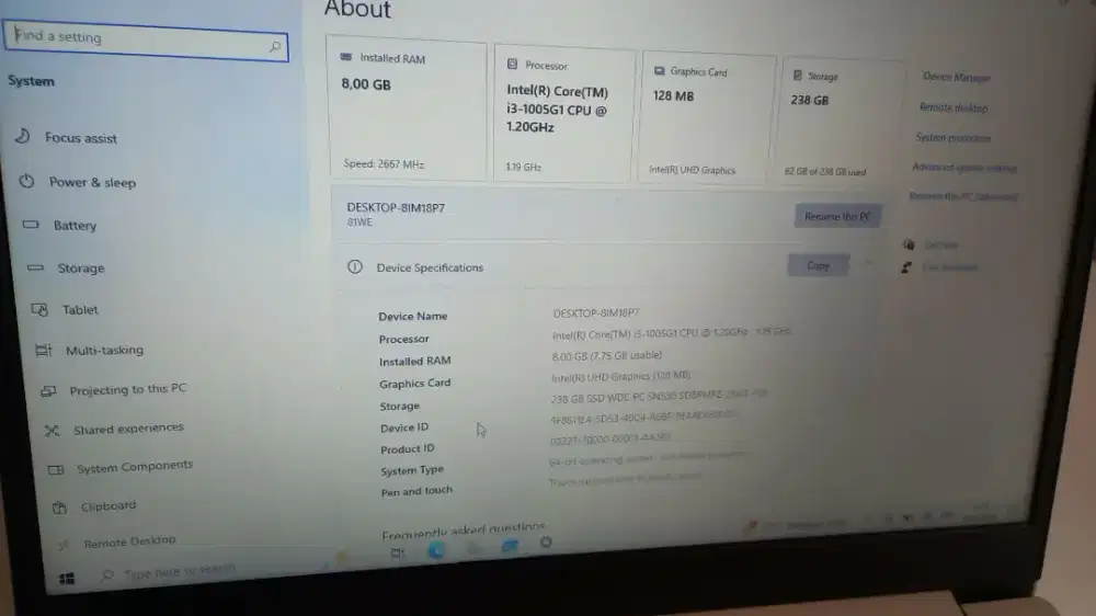 Lapotop lenovo tpuscreen ssd 256Gb ram 8