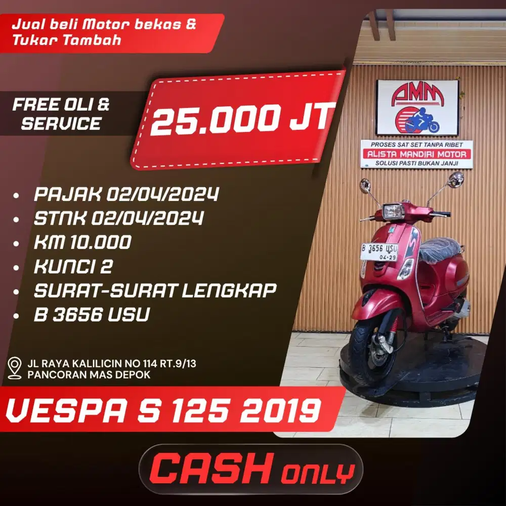 VESPA S 125 2019 KUNCI 2 SPAYLATER INDODANA ALLOBANK CASH ONLY ALISTA