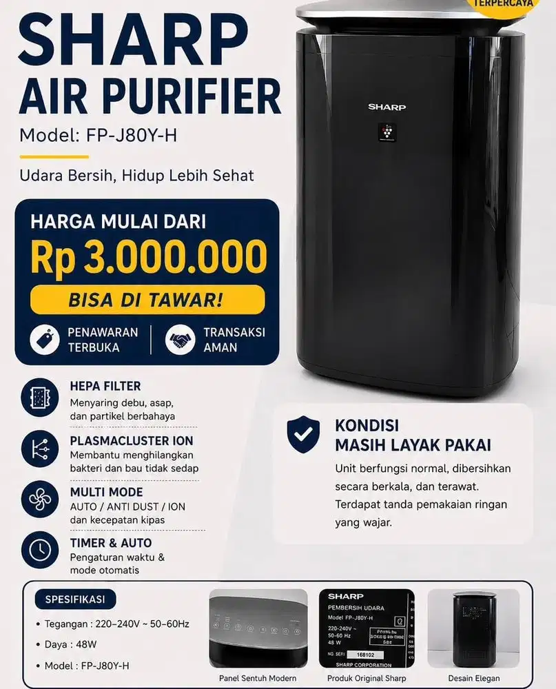 Air Purifier Sharp FP-J80Y-H seri paling tinggi