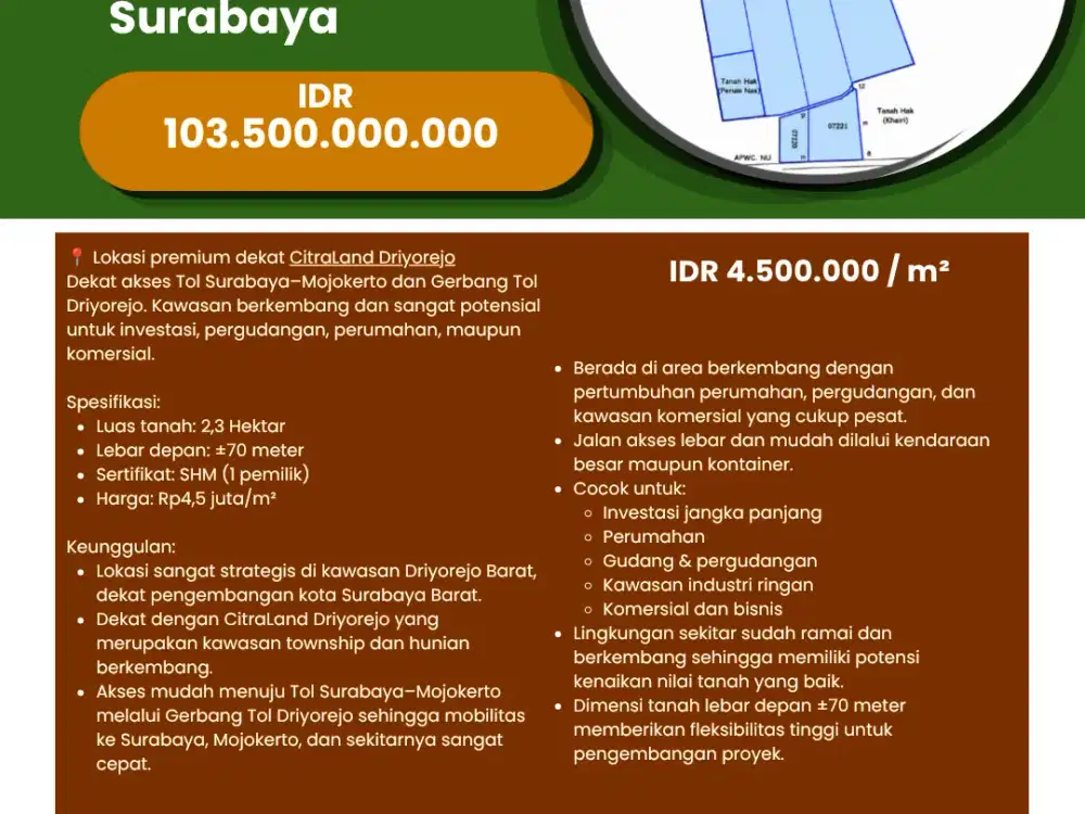 Dijual  Tanah 2.3 Ha   Driyorejo Barat Surabaya