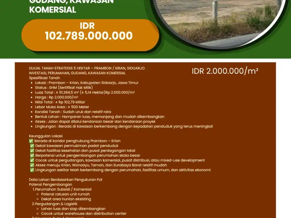 DIJUAL TANAH STRATEGIS  5 HEKTAR – PRAMBON  KRIAN, SIDOARJO INVESTASI, PERUMAHAN, GUDANG, KAWASAN KOMERSIAL