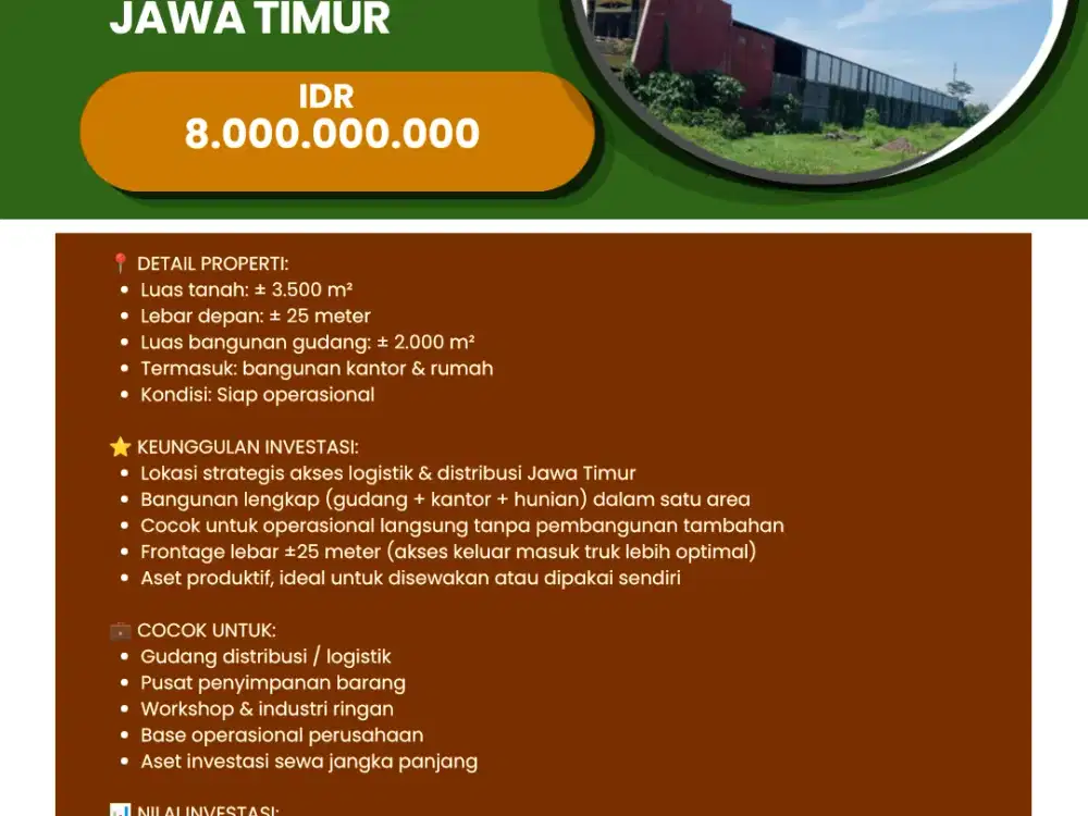 DIJUAL GUDANG INVESTASI PREMIUM PASURUAN JAWA TIMUR