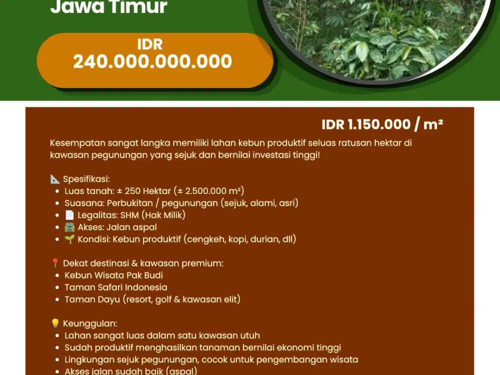 Dijual  Tanah Kebun 250 Ha Purwosari Pasuruan Jawa Timur