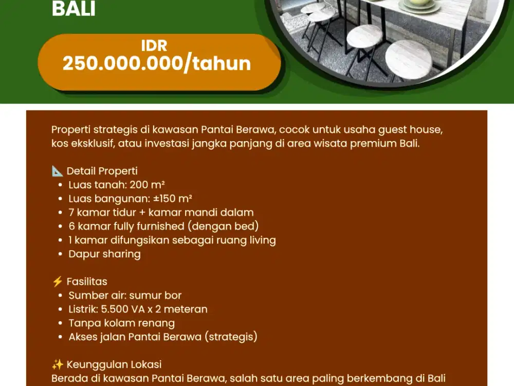 disewakan  Guest house pantai berawa bali