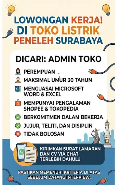 DIBUTUHKAN SEGERA: Admin Toko Listrik – Daerah Peneleh