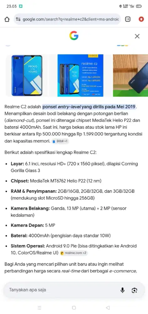 Realme C2 bekas mulus