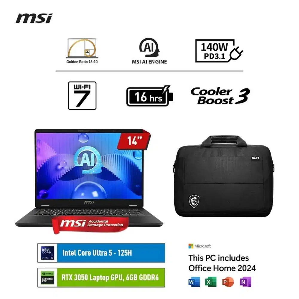 MSI PRESTIGE 14 AI STUDIO RTX3050 ULTRA 5 125H 16GB 1TB W11+OHS 14.0 W