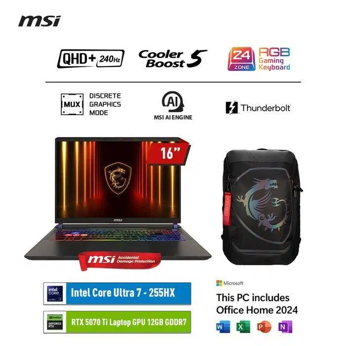 MSI VECTOR 16HX AI ULTRA 7 255HX RTX5070TI 16GB 512GB 16.0QHD+ 240HZ W