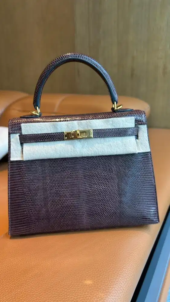 Hermes Kelly 25 Dark Brown Lizard GHW Square N