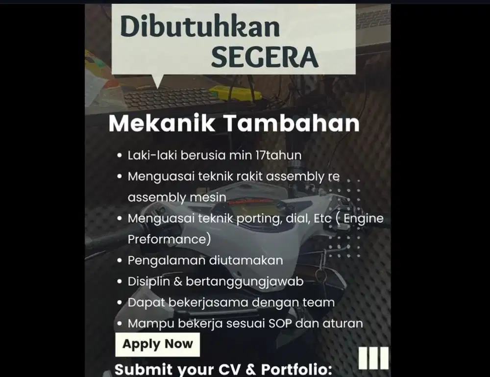 Di Butuhkan Mekanik Bengkel Motor