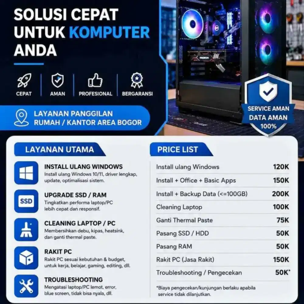 Jasa instal ulang, upgrade, repasta, dan service ringan PC lainnya