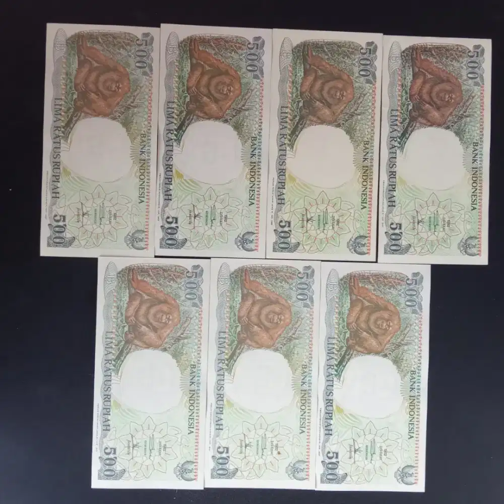 Jual borongan 7 lembar uang kertas 500 rupiah gbr orang utan th 1992