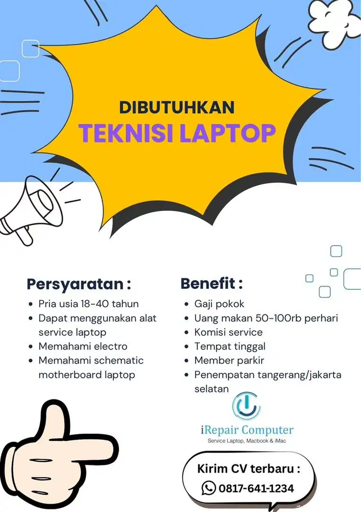 Dibutuhkan 1 Teknisi Laptop
