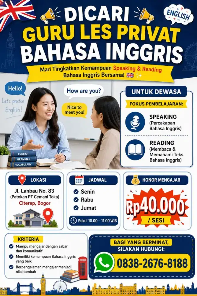 Dicari Guru Les/Freelance Bahasa Inggris