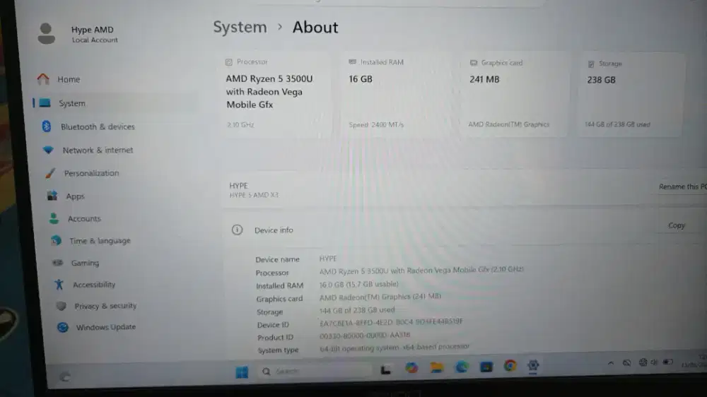 Laptop axioo hype 5 X3 ryzen5 ram 16gb /SSD 512Gb fullset