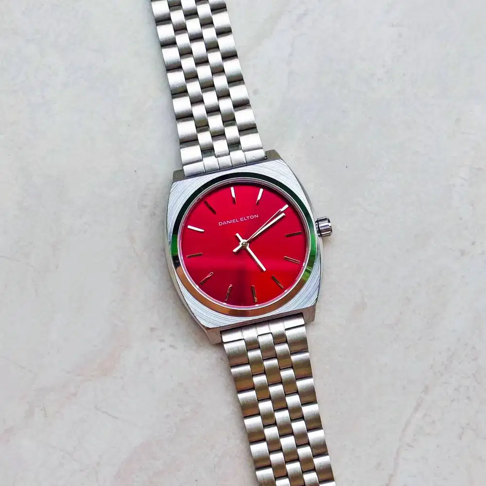 Jam Tangan Minimalis Daniel Elton Time Teller Silver Scarlet Red Dial
