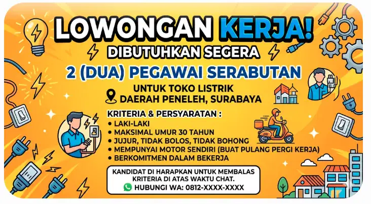 LOWONGAN KERJA: Pegawai Serabutan Toko Listrik Peneleh