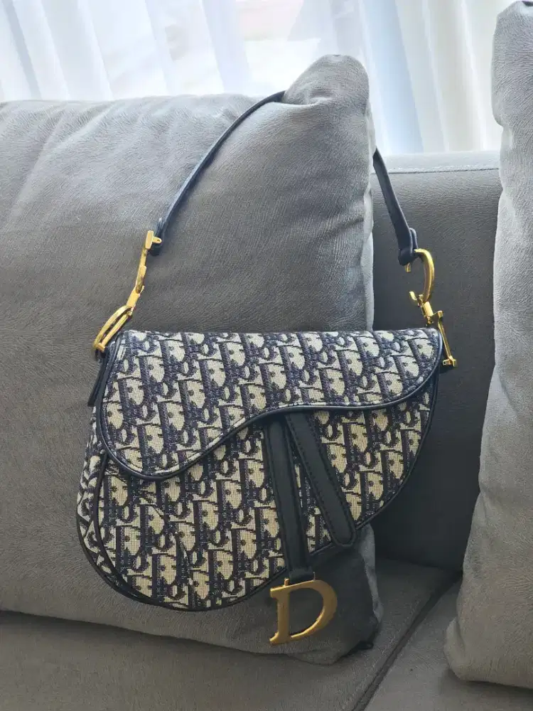 Tas Christian Dior Saddle Bag jacquard Dior Oblique biru