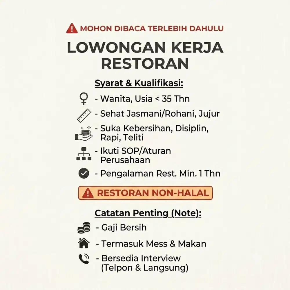 BUTUH CEPAT-Loker Restoran(WANITA)-tinggal di Mess