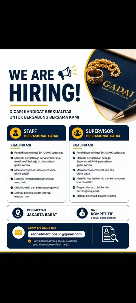 Dibutuhkan Supervisor & Staff Pegadaian - Berpengalaman