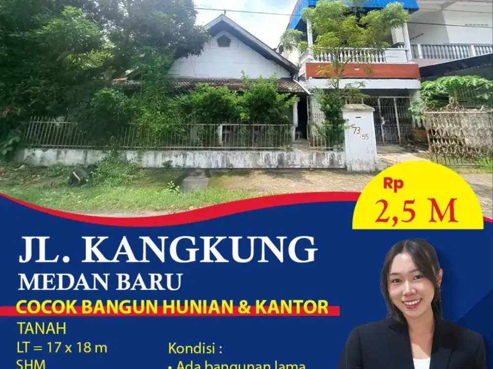 Tanah Hook 306 M² di Medan Baru, 2 Muka Jalan, Ada Bangunan Lama