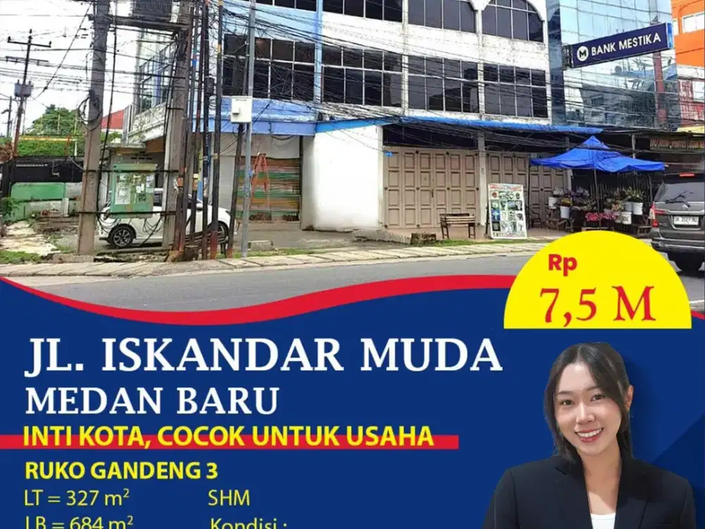 Dijual Ruko Gandeng 3 di Jalan Iskandar Muda Samping Bank Mestika