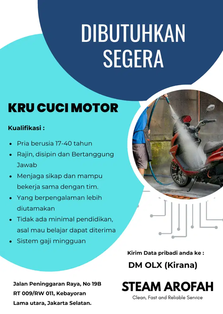 DIBUTUHKAN SEGERA TENAGA CUCI MOTOR STEAM DAERAH JAKARTA SELATAN
