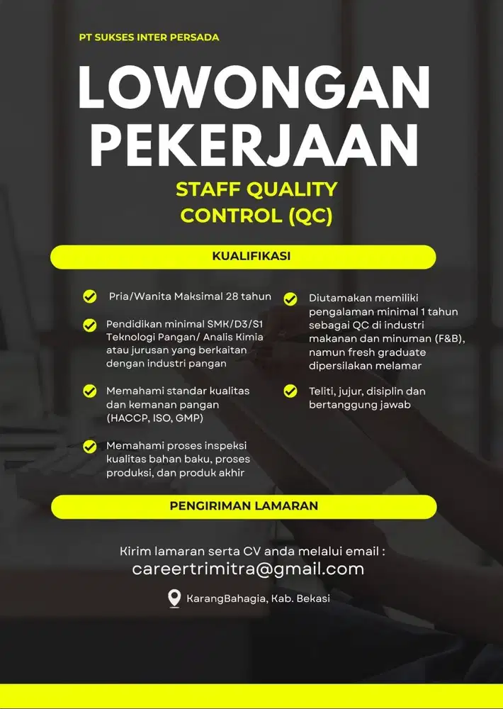 DIBUTUHKAN STAFF QUALITY CONTROL (QC)
