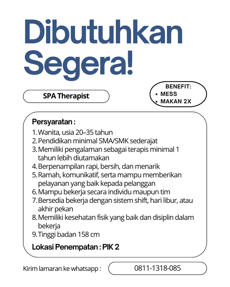 Lowongan Kerja SPA Therapist, Guest Relation Service (GRS)