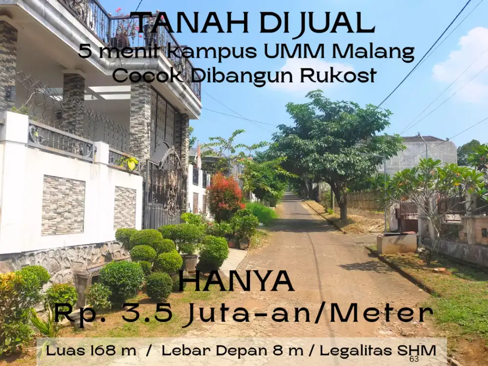 SHM Cocok Dibangun Rumah 5 Menit Kampus UMM Malang Lebar Jalan 6 Meter