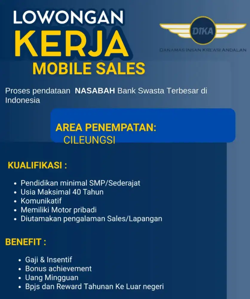 URGENT.. DIBUTUHKAN MOBILE SALES AREA CILEUNGSI