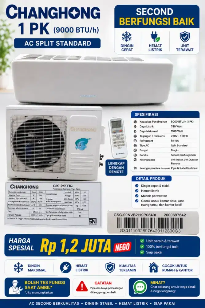 JUAL AC CHANGHONG 1 PK SECOND – SIAP PAKAI
