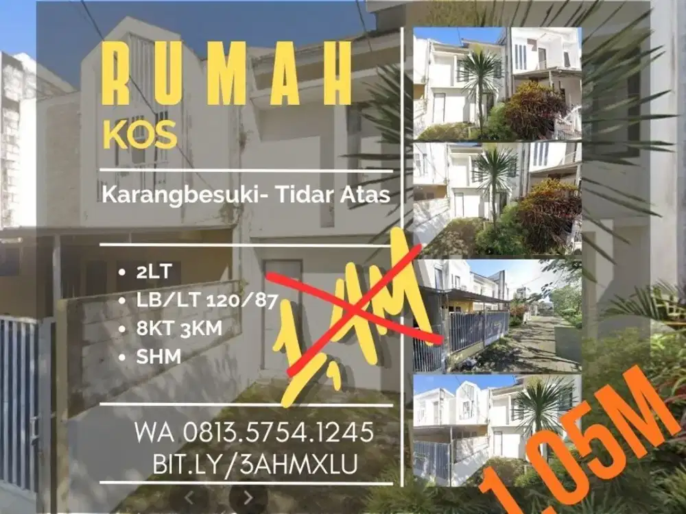 Rumah kos dijual di Gasek TidarAtas Karangbesuki 8KT LB120 hanya 1,05M