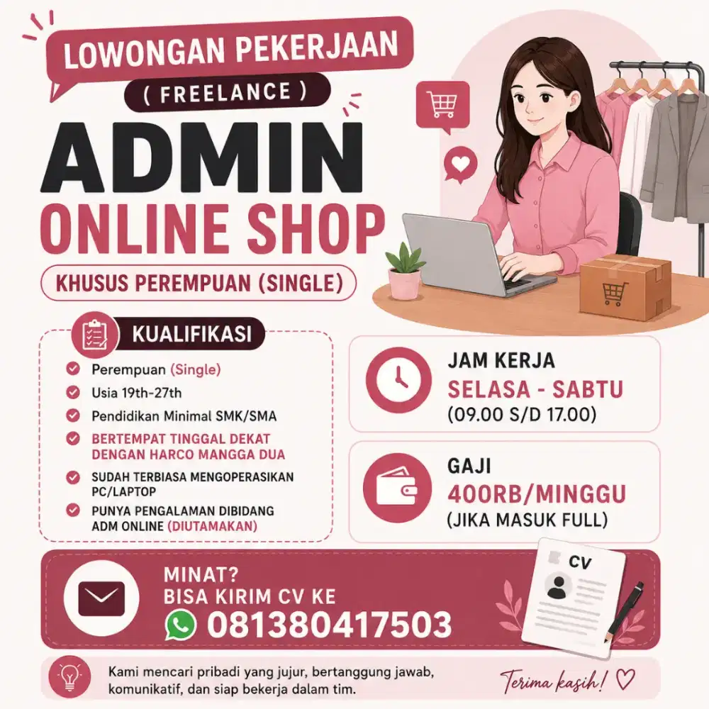 LOWONGAN PEKERJAAN FREELANCE ADMIN ONLINE SHOP