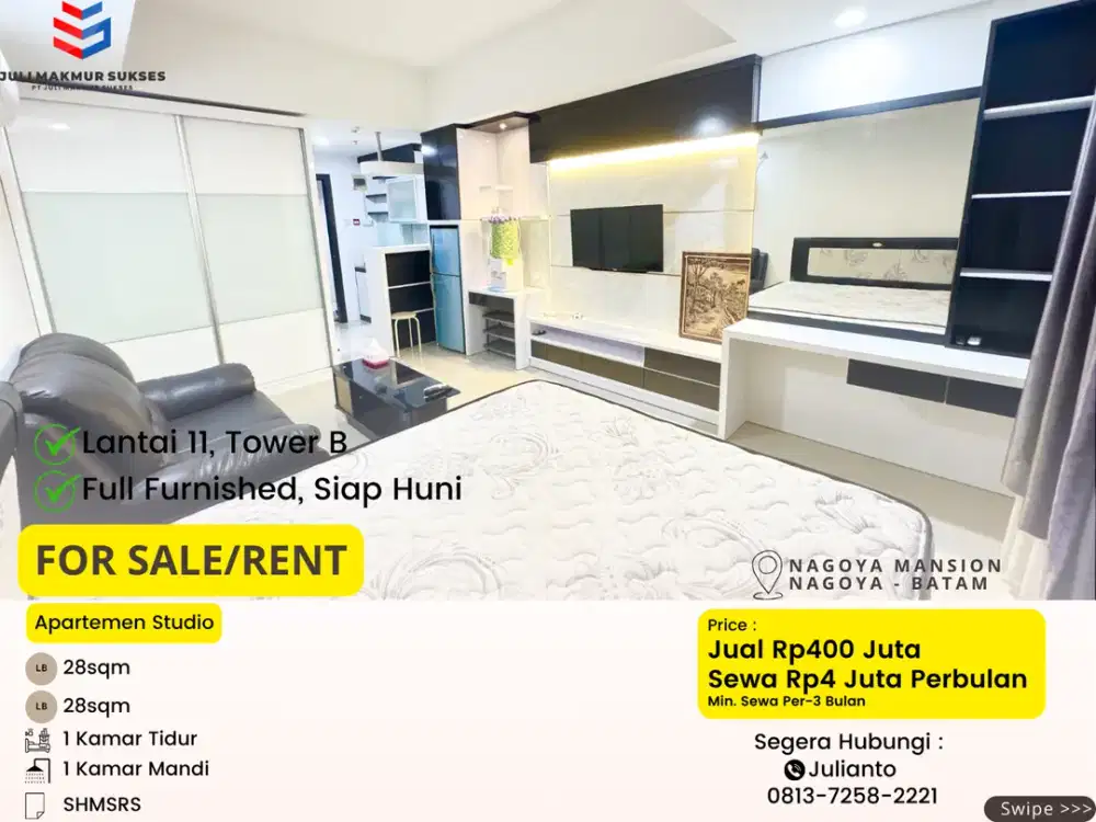 Dijual Apartemen Studio Siap Huni di Nagoya Mansion Batam