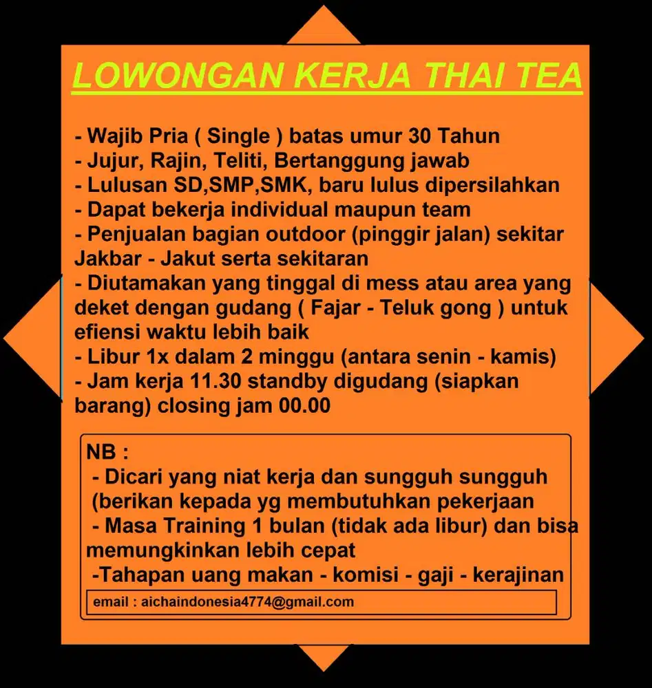 lowongan crew thai tea jakbar dan sekitar