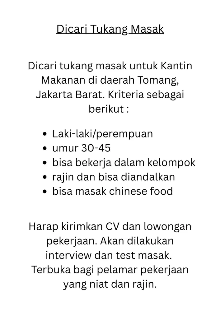 Dicari Tukang Masak