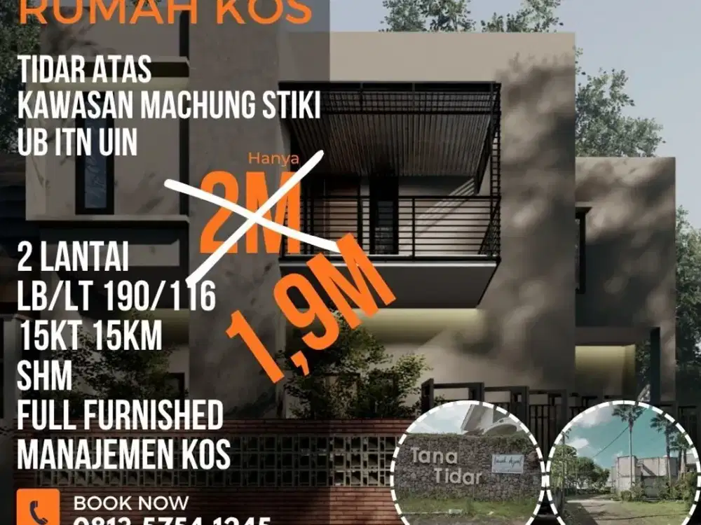 Rumah kos dijual di Tidar atas Karangbesuki 15KT LT116 hanya 1,9M furnished