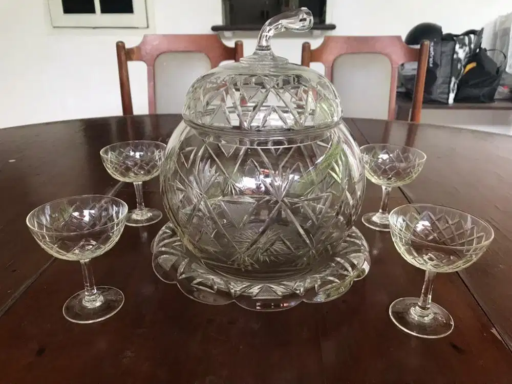 Crystal Punch Bowl & 4 Cup Bohemian Rare Vintage