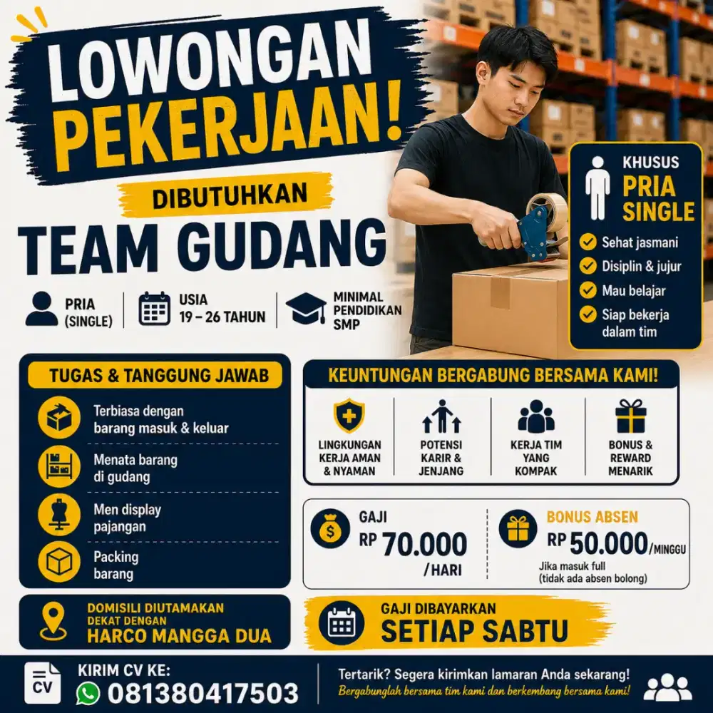 Loker Pekerjaan khusus Cowok Single Bagian Gudang