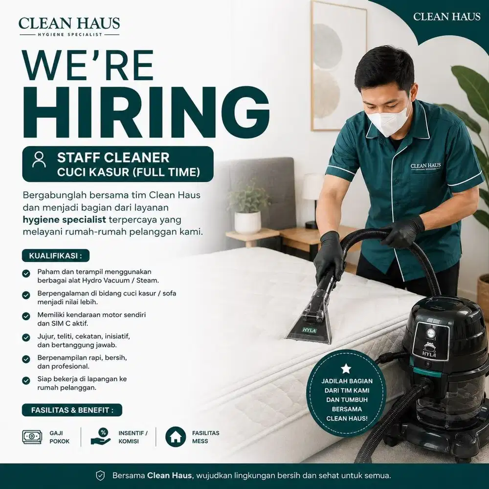 Lowongan Staff Cleaner Cuci Kasur & Hydro Vacuum Full Time Jakarta
