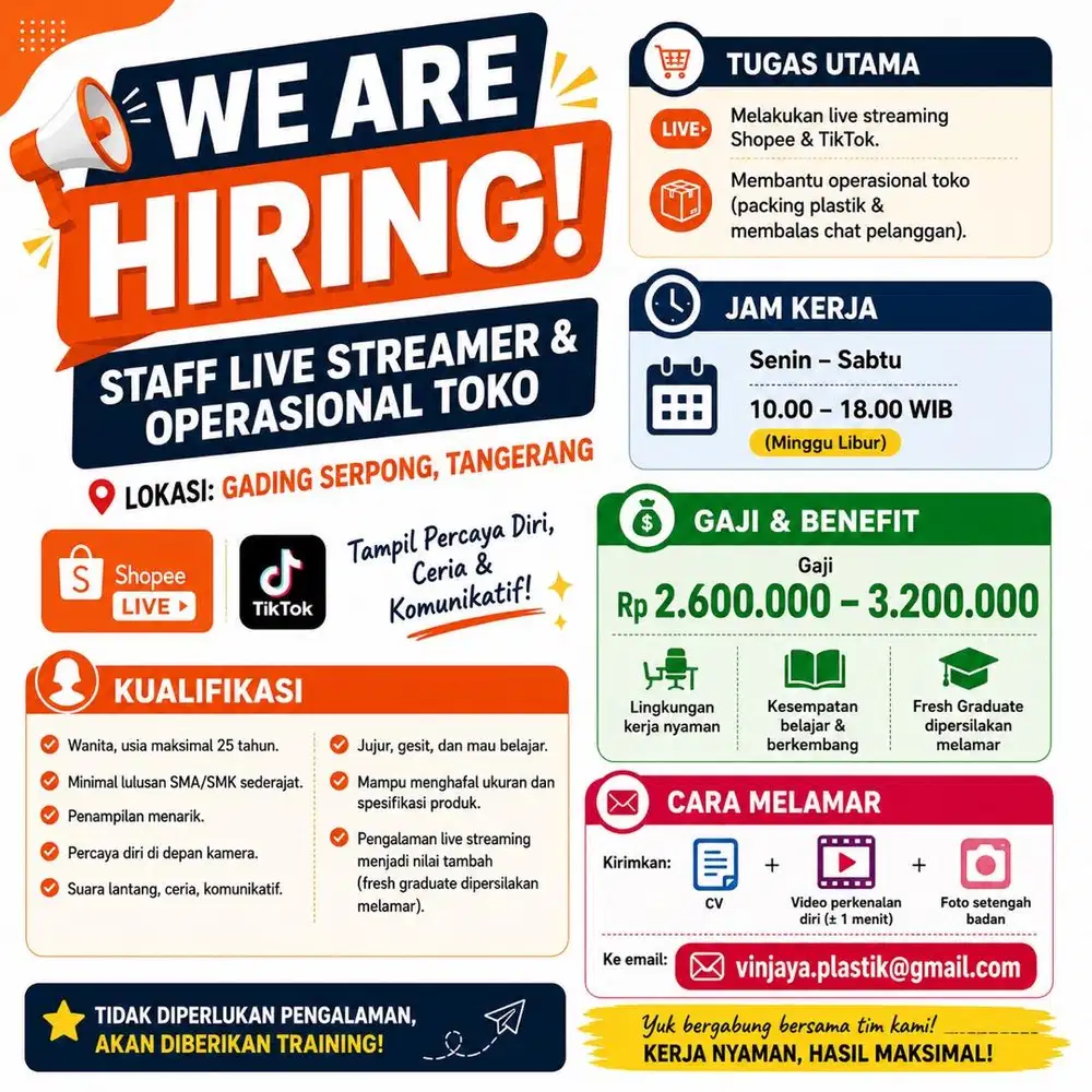 Lowongan Staff Live Streamer & Operasional Toko - Gading Serpong