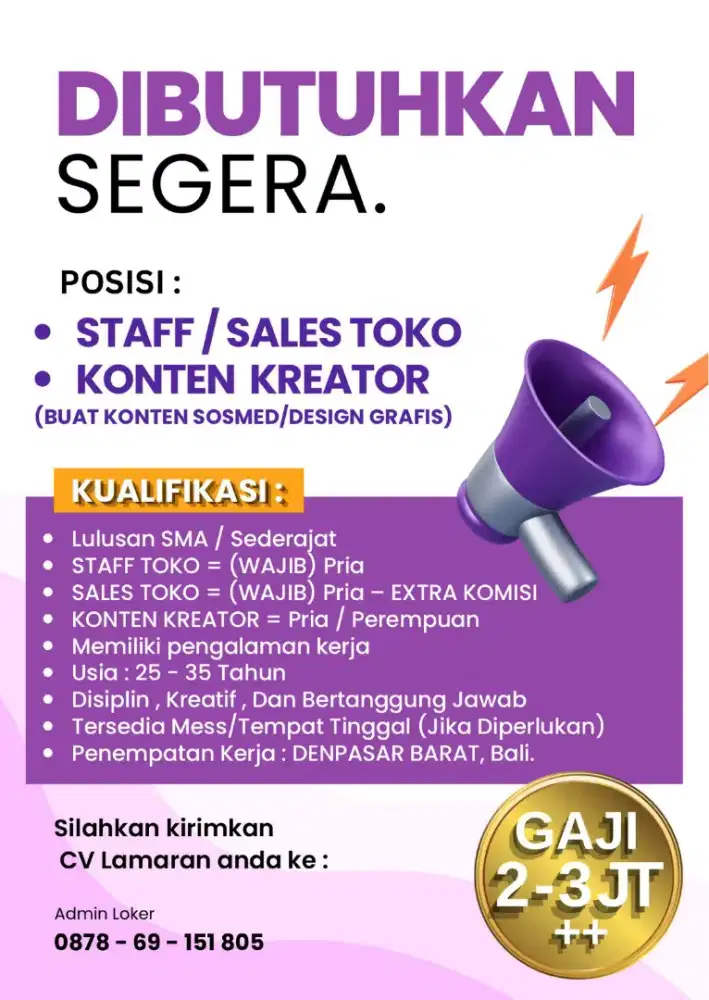 LOWONGAN KERJA TOKO UNTUK STAFF/SALES/KONTEN KREATOR
