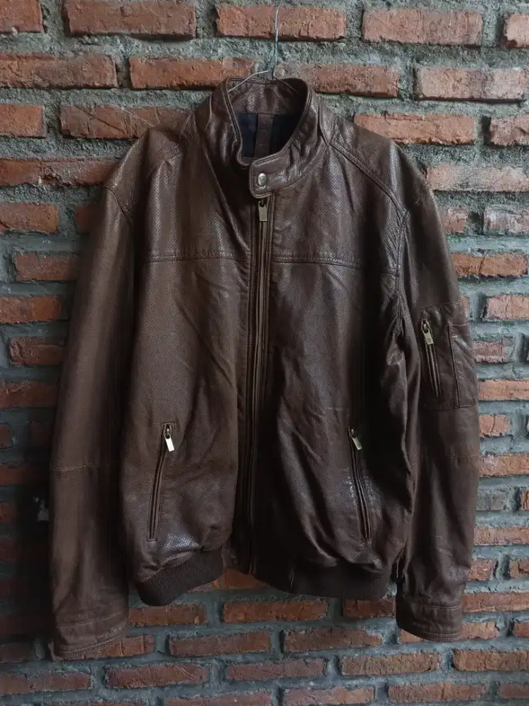 Massimo Dutti Genuine Leather Bomber Jacket Brown Original Size L