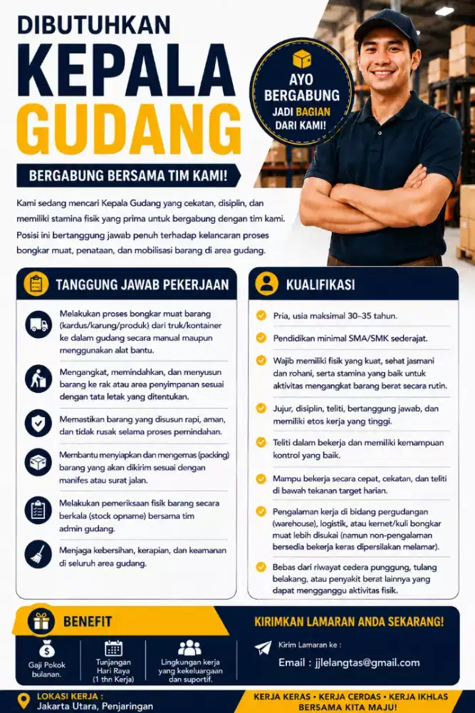 Dibutuhkan Kepala Gudang Berpengalaman