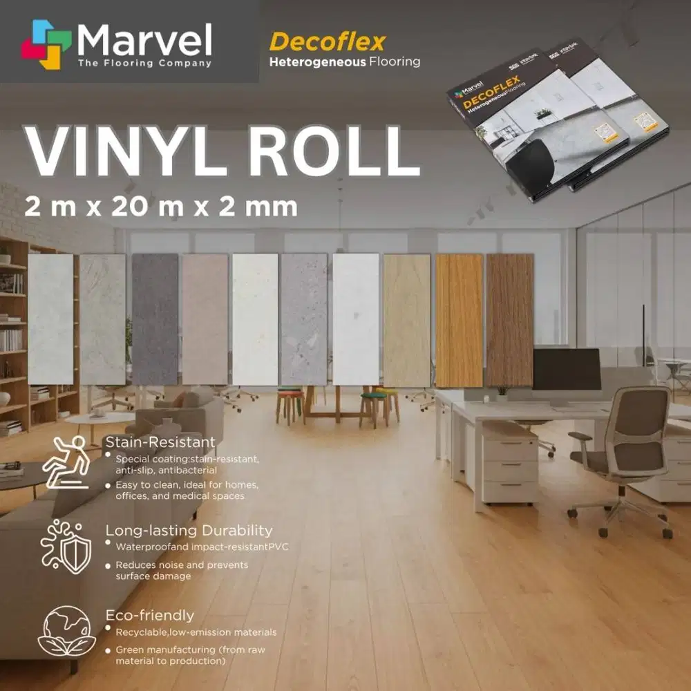 Vinyl Roll Lantai Marvel Decoflex 2mm – Motif Kayu / Polos | Anti Air,