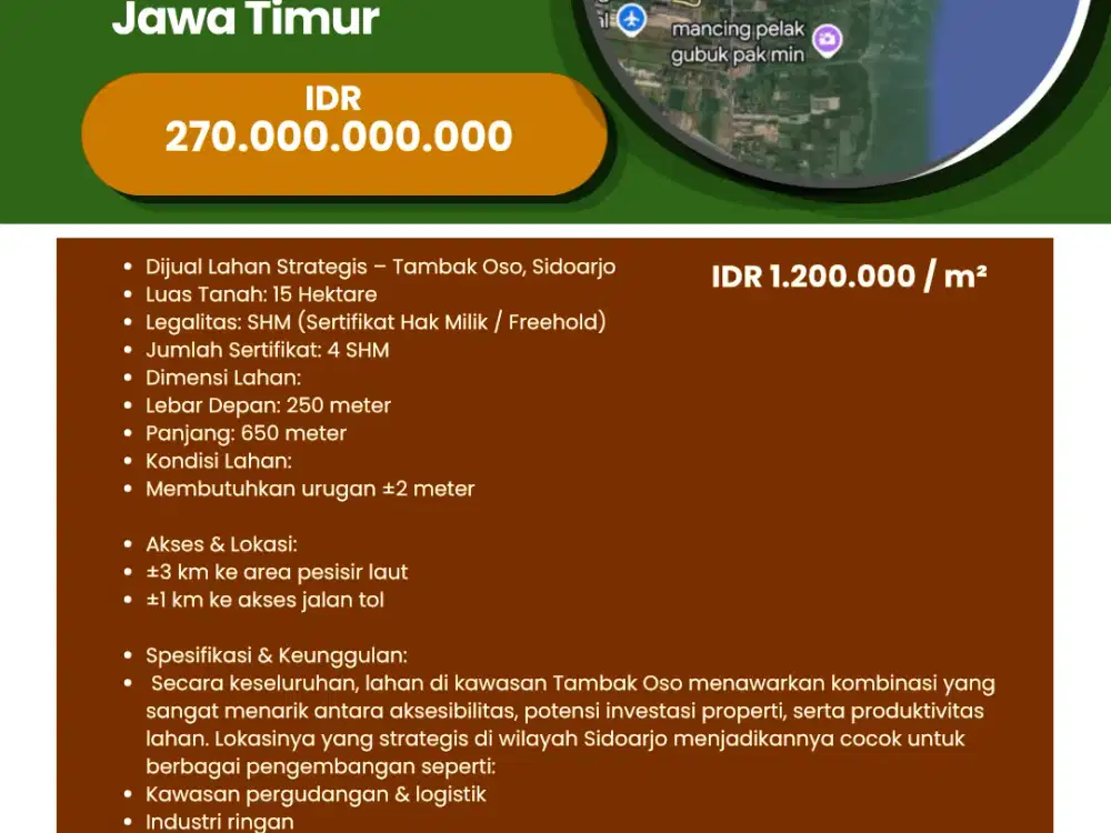 Dijual / For Sale lahan  15 Hektar Tambak Oso - Waru  Sidoarjo-Jawa Timur